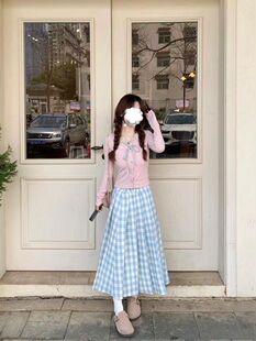 学院风甜美上衣女多巴胺纯欲奶油蓝格子半身裙显瘦百褶裙子女