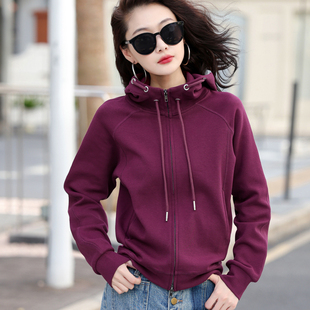 插肩袖连帽卫衣女春秋新款运动双拉头拉链百搭开衫外套休闲上衣秋