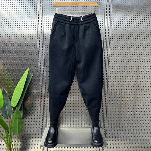 秋冬新款加绒毛呢小脚裤男黑色百搭休闲裤男士宽松痞帅长裤哈伦裤