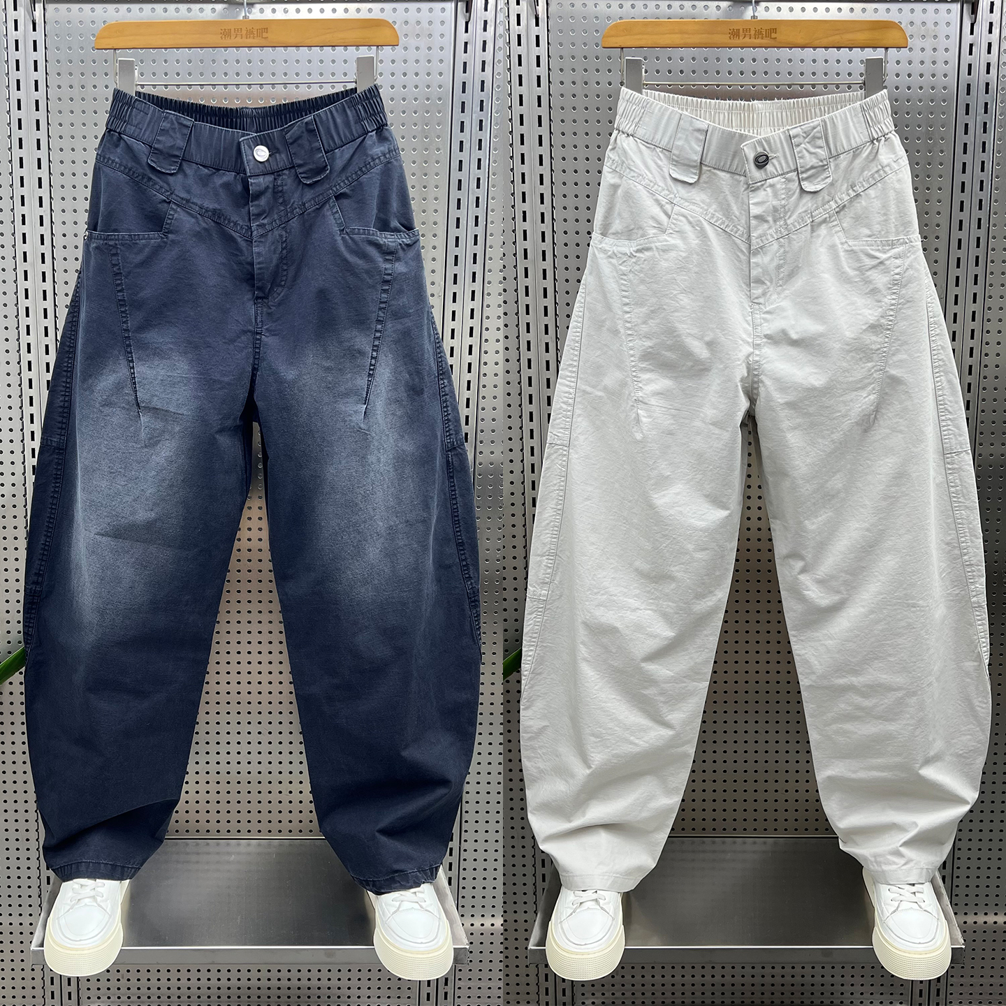 夏季新款拼接设计宽松水洗休闲工装裤男士潮流百搭纯色直筒弯刀裤