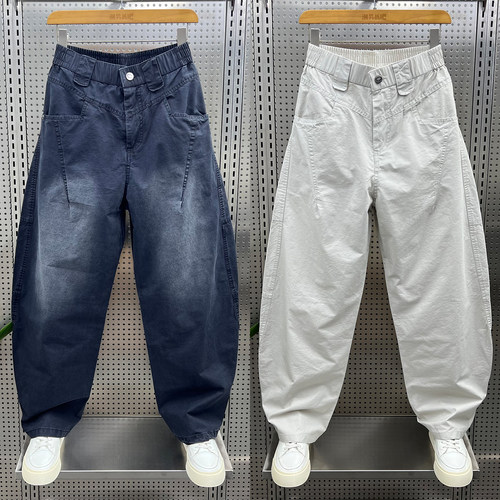 夏季新款拼接设计宽松水洗休闲工装裤男士潮流百搭纯色直筒弯刀裤