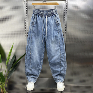 男潮流百搭蓝色直筒阔腿休闲长裤 2026春季 宽松抽绳牛仔裤 美式 新款