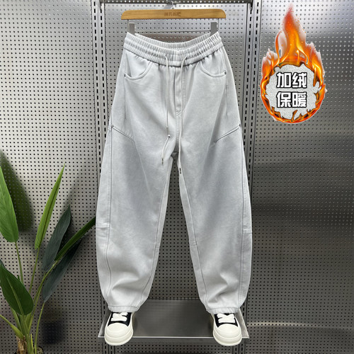 潮流加绒弯刀裤男2025秋冬新款宽松直筒裤纯色百搭阔腿休闲长裤子