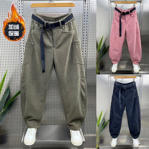 秋冬新款宽松加绒加厚直筒裤男美式休闲弯刀裤痞帅运动卫裤阔腿裤