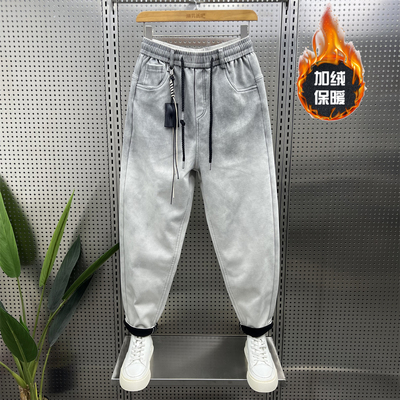 加绒牛仔裤男2025冬季新款潮流痞帅渐变色哈伦裤宽松小脚百搭长裤