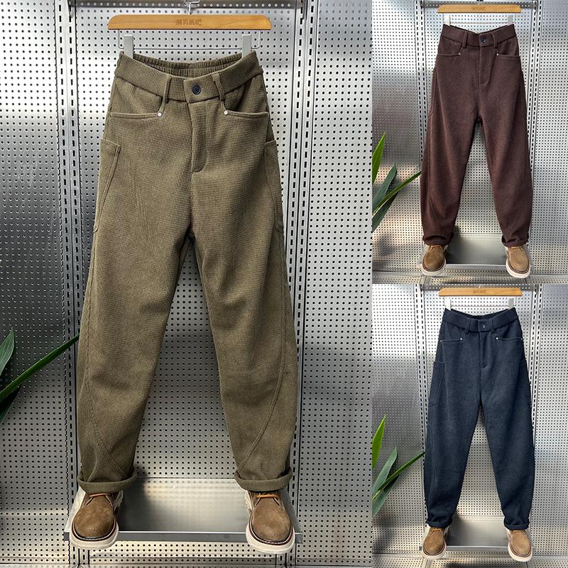 秋冬季条绒裤子男拼接灯芯绒休闲裤宽松阔腿裤潮牌美式直筒哈伦裤