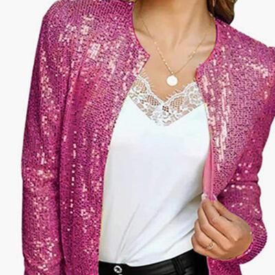 2025 Round Neck Long Sleeve Solid Cardigan Off Sequin Coat