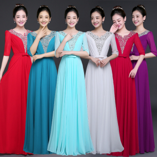 合唱服合唱团礼服主持晚礼服长款 大合唱演出服女长裙中袖 2021新款