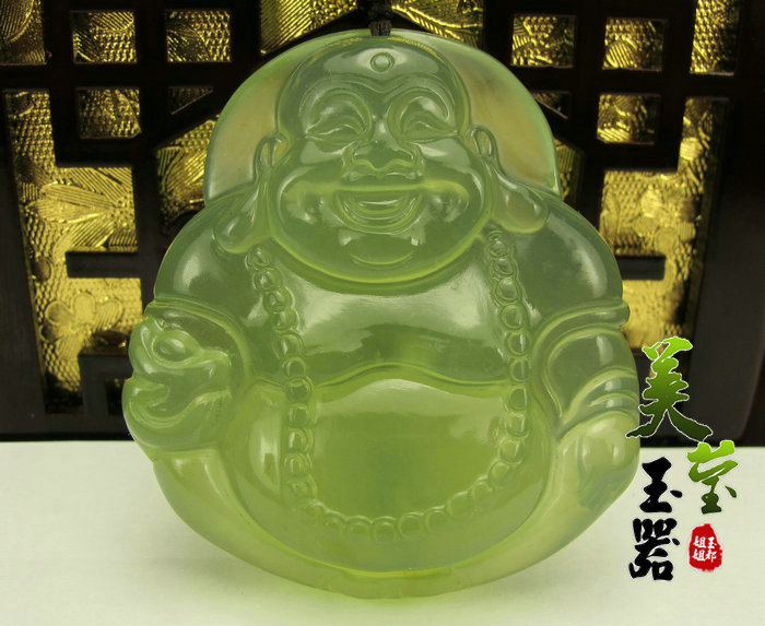 美莹玉器天然岫玉石挂件180冰料佩项吊坠笑口常开弥勒佛证书XXF03