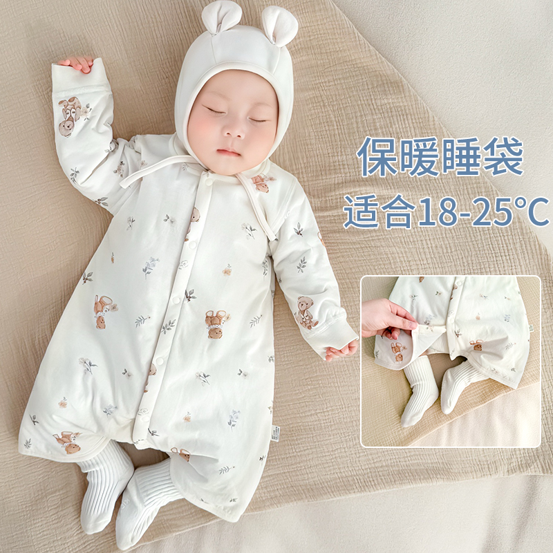 婴儿睡衣小月龄春秋冬季防踢被保暖睡袋睡袍宝宝夹棉连体衣服春装