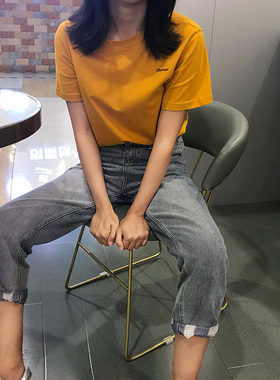 黄色短袖t恤女夏季2024新款正肩字母纯色打底衫显瘦纯棉上衣ins潮