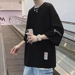 重磅刺绣七分袖t恤男款夏季胖子加肥大码衣服潮流圆领7分短袖体恤