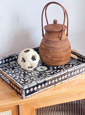 轻奢方形贝壳黑色托盘餐厅家用