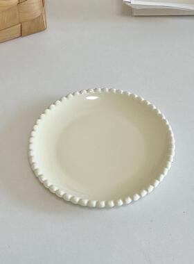 中古奶油风奶黄色珍珠盘子陶瓷