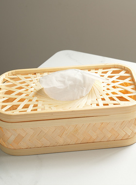 中式禅意手工竹编桌面纸巾盒摆件