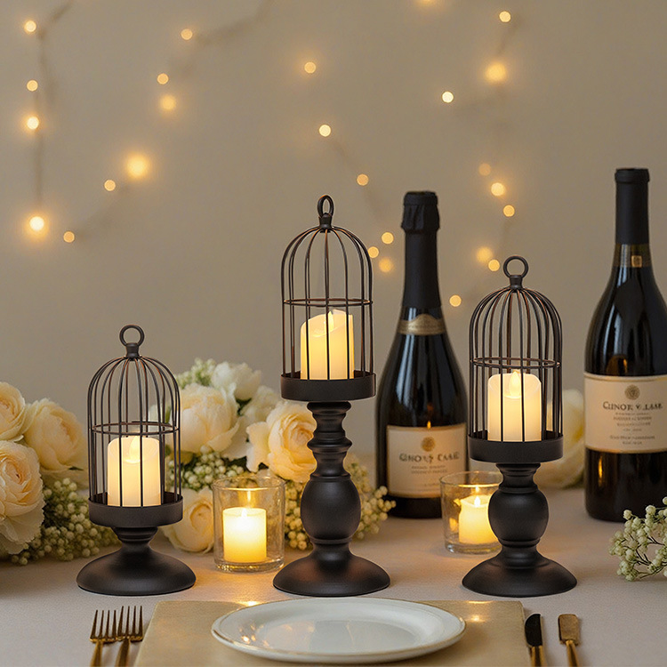 美式复古铁艺笼子造型柱形蜡烛烛台居家节日浪漫氛围感装饰品摆件
