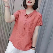 棉麻短袖女t恤夏妈妈短款上衣女小个子新款C女士衬衫设计感小众
