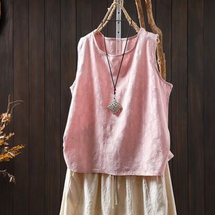 文艺百搭后燕尾摆圆领套头背心马甲女夏季凉爽100%亚麻纯色打底衫