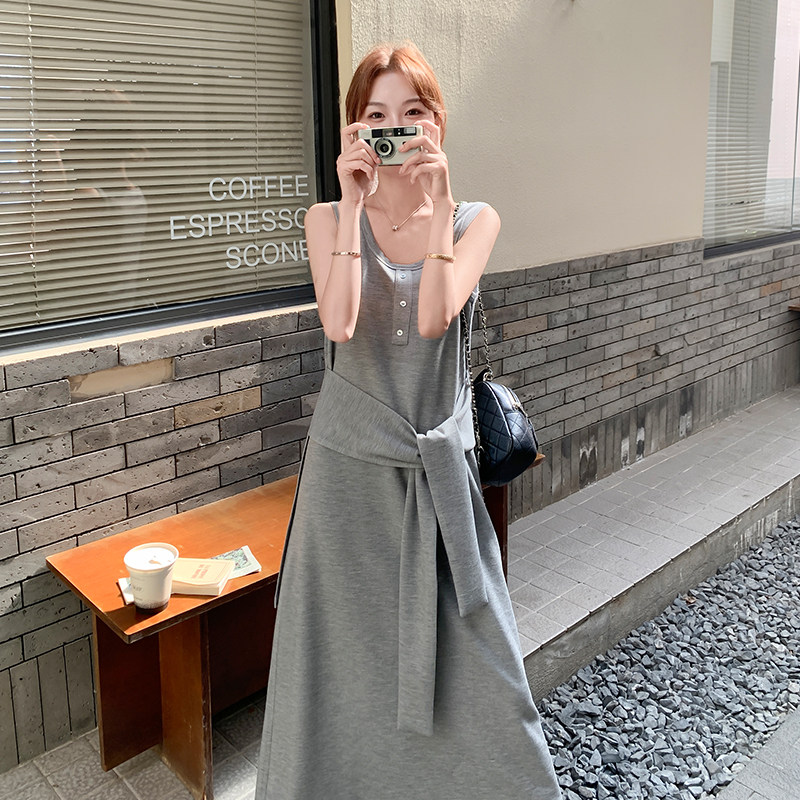 灰色假两件无袖连衣裙女2025夏季新款法式设计感休闲气质背心长裙,女装连衣裙,2C007