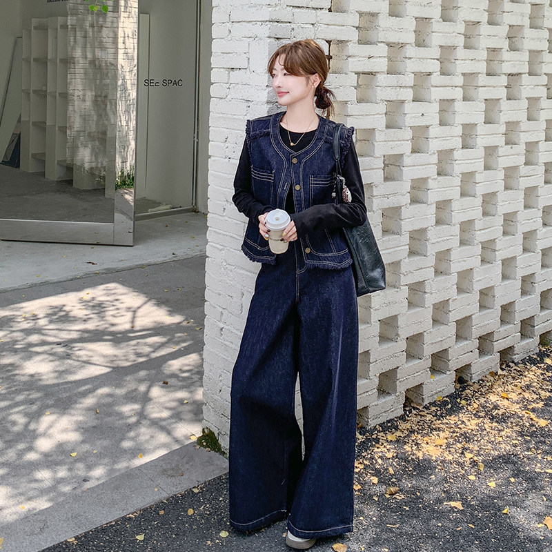 港风复古牛仔马甲阔腿裤套装女2025秋季新款高级感时尚休闲两件套,女装套装/套裙,2C007