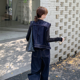港风复古牛仔马甲阔腿裤套装女2025秋季新款高级感时尚休闲两件套，女装套装/套裙，2C007