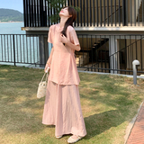粉色新中式减龄超好看套装裙女2025夏季盘扣短袖上衣半身裙两件套，女装套装/套裙，2C007