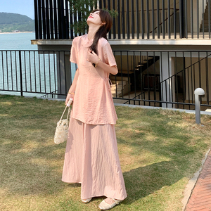 粉色新中式减龄超好看套装裙女2025夏季盘扣短袖上衣半身裙两件套图片