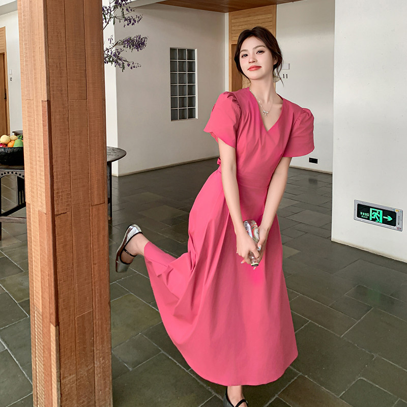 玫粉色法式泡泡袖V领连衣裙女2025夏季新款超好看小心机度假长裙,女装连衣裙,2C007