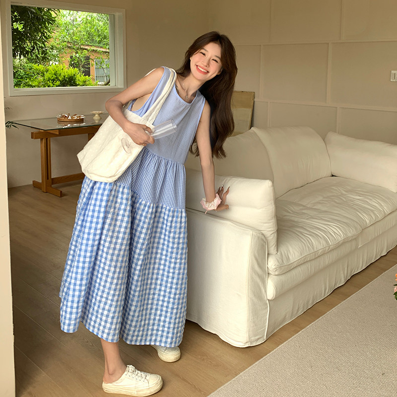 现货蓝色格子拼接连衣裙757-P115-K168,女装连衣裙,2C007