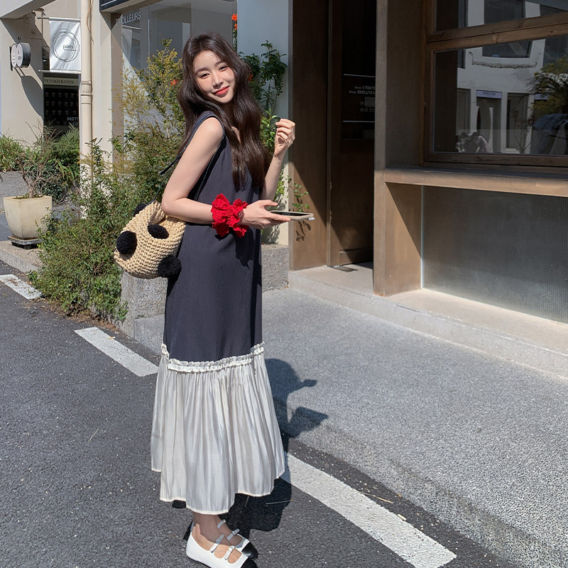 撞色拼接无袖v领连衣裙女2025夏季新款法式小香风气质显瘦背心裙,女装连衣裙,2C007