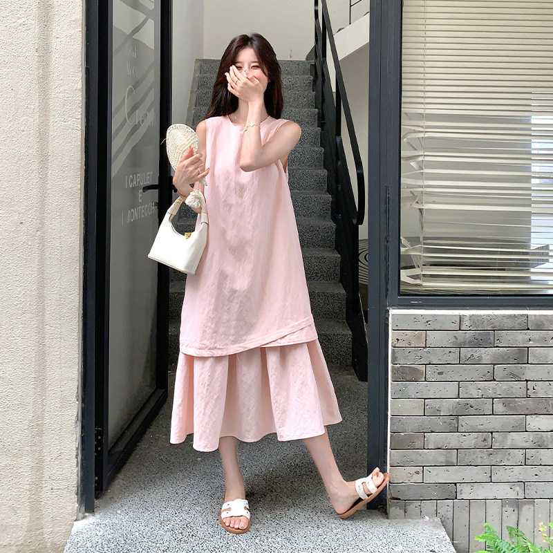 温柔风简约无袖连衣裙女2025夏季新款日系百搭休闲粉色假两件长裙,女装连衣裙,2C007