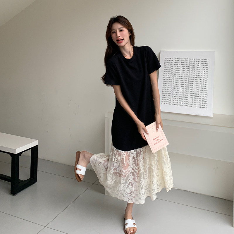 轻熟风韩系蕾丝拼接黑色连衣裙女夏季新款设计感休闲显瘦T恤裙,女装连衣裙,2C007