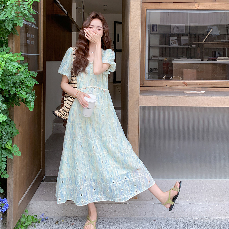 浅绿色法式连衣裙女夏季2025新款小清新减龄泡泡袖超好看气质裙子,女装连衣裙,2C007