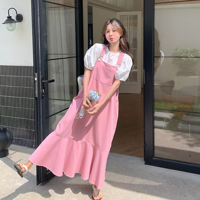 韩版学院风粉色背带牛仔套装女2025夏季新款温柔风甜美长裙两件套,女装连衣裙,2C007