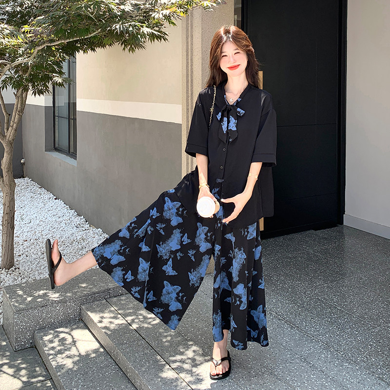轻熟风韩系假两件上衣套装女夏季新款小个子显瘦印花阔腿裤两件套,女装套装/套裙,2C007