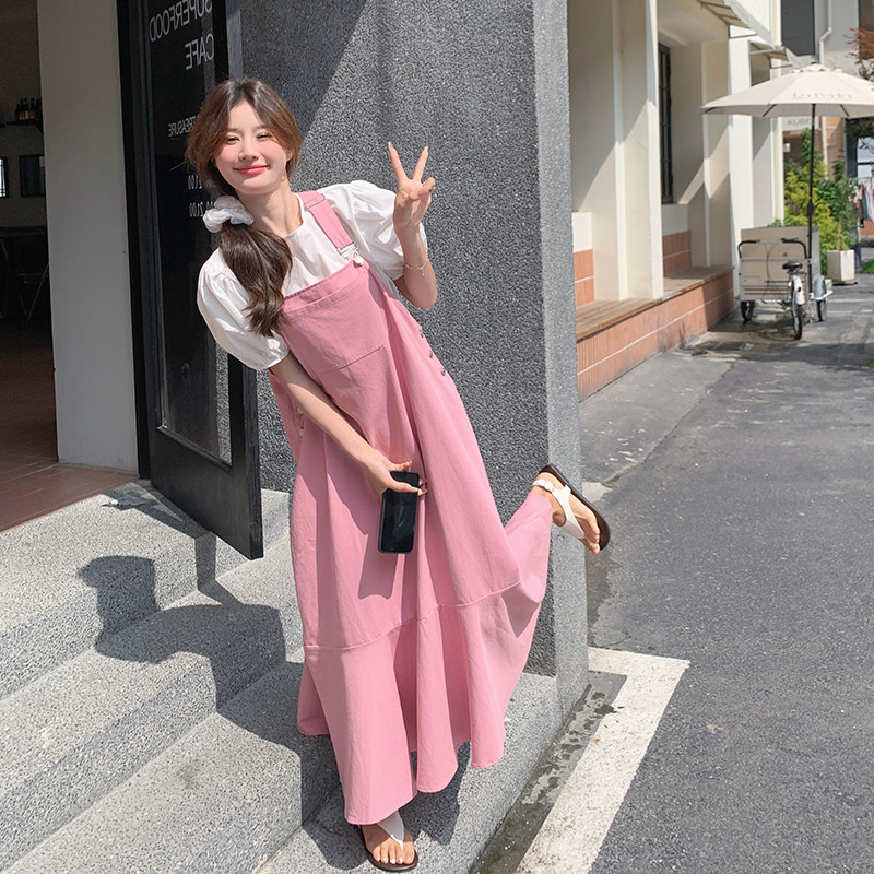 韩版学院风粉色背带牛仔套装女2025夏季新款温柔风甜美长裙两件套,女装连衣裙,2C007