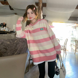 粉色条纹圆领套头卫衣女秋季2025新款小个子甜美洋气减龄休闲上衣，女装卫衣/绒衫，2C007