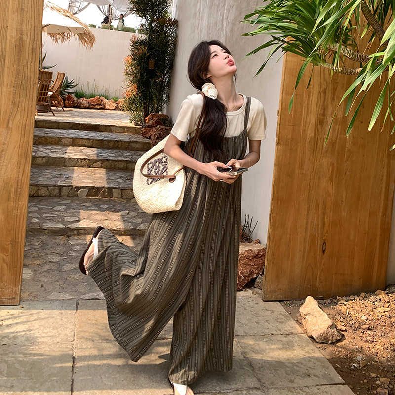 慵懒风条纹背带裤女2025夏季新款韩版宽松减龄休闲百搭连体阔腿裤,女装连体裤,2C007