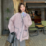 高级贵气感紫色小香风毛呢外套女秋冬超火好看漂亮加厚短夹克上衣，女装短外套，2C007