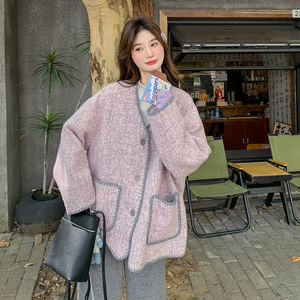 高级贵气感紫色小香风毛呢外套女秋冬超火好看漂亮加厚短夹克上衣图片