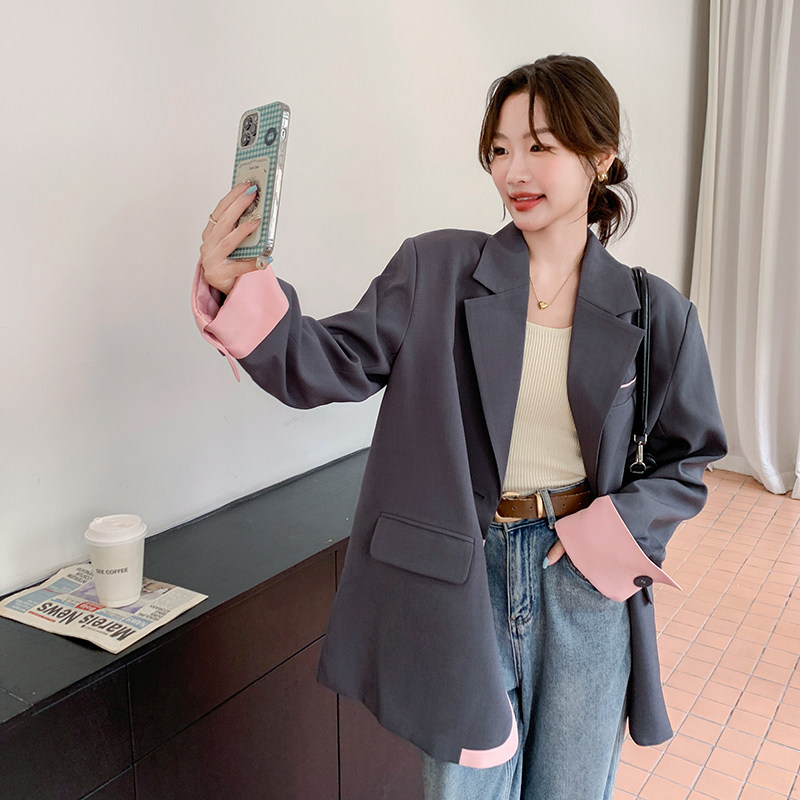 灰色时尚拼接撞色西装外套女秋季2025新款复古休闲气质高级感西服,女装西装,2C007