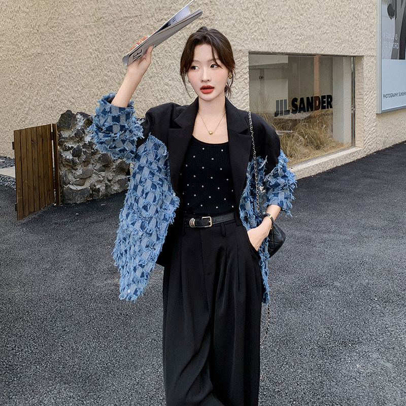 牛仔拼接西装外套女秋季2025新款气质小众高级感棋盘格流苏西服图片