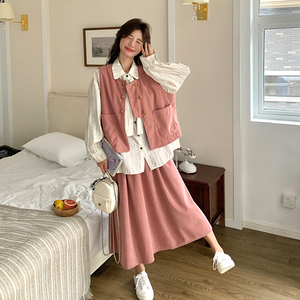 小个子粉色衬衫连衣裙马甲套装女2025春季新款设计感温柔风两件套图片