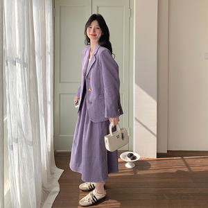 学院风紫色灯芯绒套装裙女2025春季新款气质休闲西装半身裙两件套图片