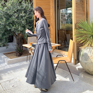 灰色休闲套装裙女2025春季新款松弛感撞色假两件上衣半身裙两件套图片