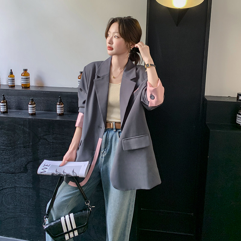 灰色时尚拼接撞色西装外套女秋季2025新款复古休闲气质高级感西服,女装西装,2C007