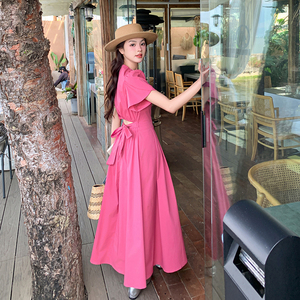 玫粉色法式泡泡袖V领连衣裙女2025夏季新款超好看小心机度假长裙图片