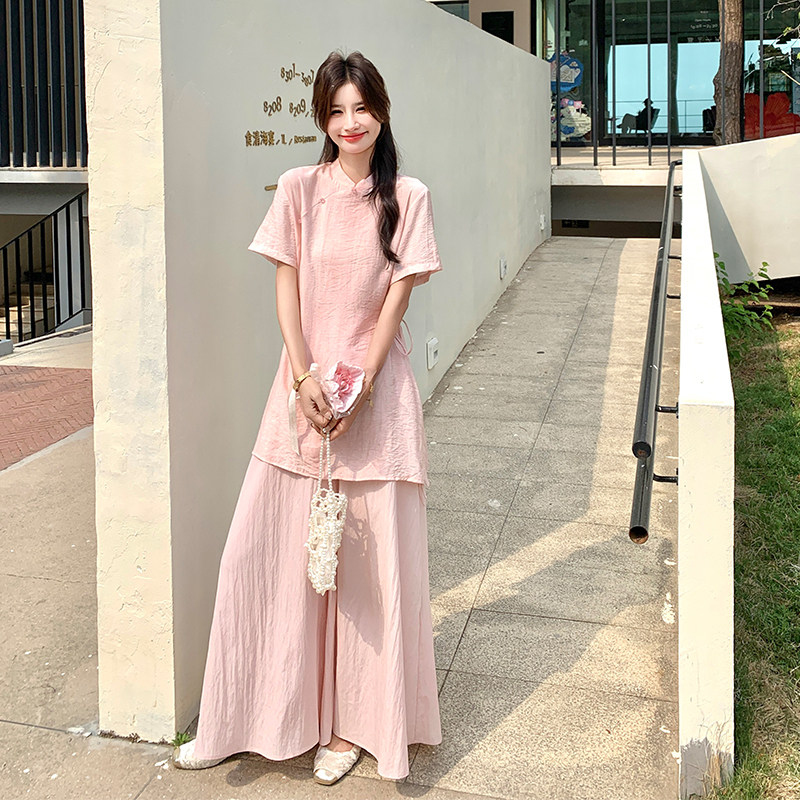 粉色新中式减龄超好看套装裙女2025夏季盘扣短袖上衣半身裙两件套,女装套装/套裙,2C007