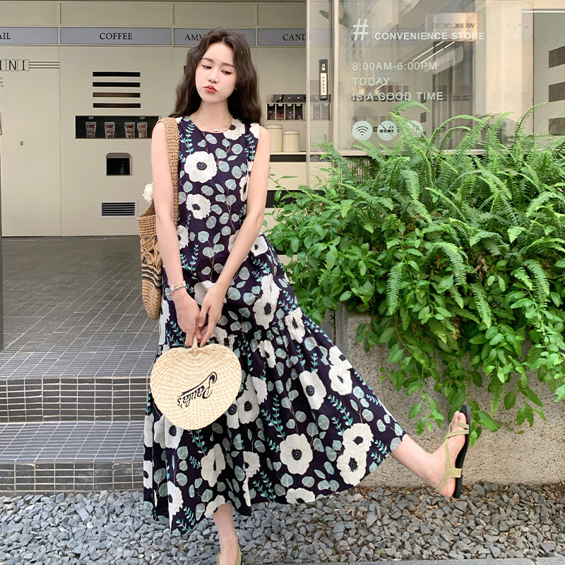 无袖大花朵印花背心裙女夏季202复古日系流行巨好看大方得体长裙,女装连衣裙,2C007