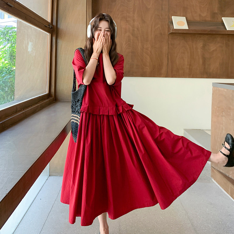 甜美复古浪漫风慵懒连衣裙女2025夏季日系简约花边拼接复古红长裙,女装连衣裙,2C007